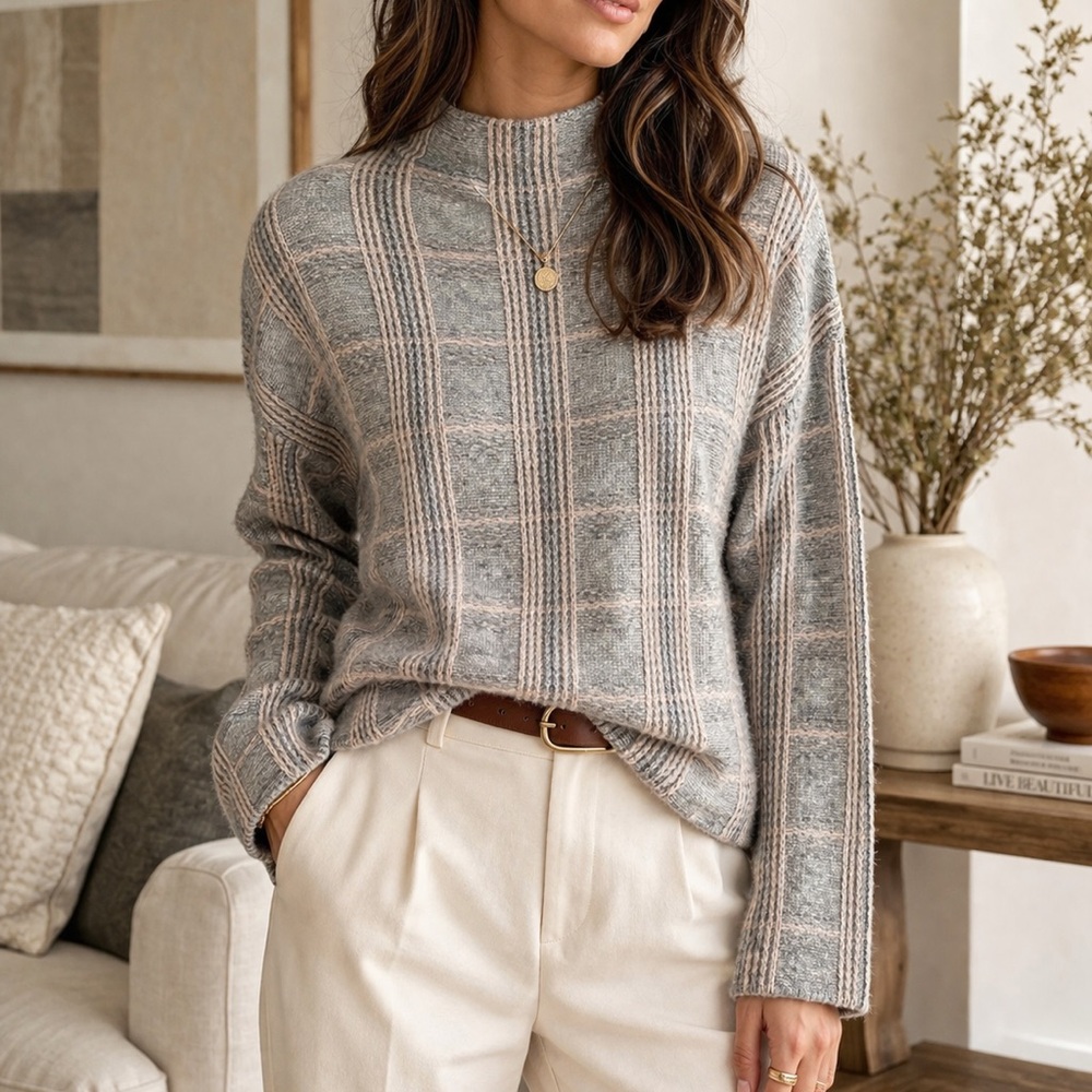 Rachel Zoe Cozy Textured Knit Sweater Mock Neck Neutral Minimalist Capsule M
